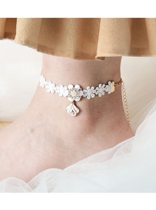 Baroque Fashion Retro Lady White Lace Rose Flower Princess Anklet