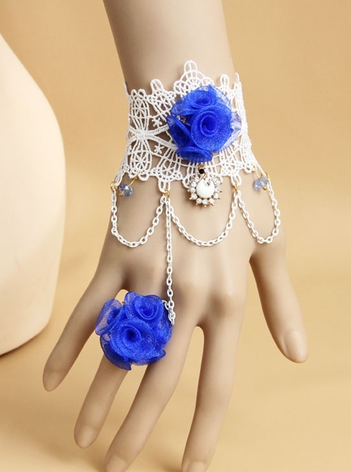 Fashion Retro Blue Rose Flower White Lace Female Handmade Bracelet With Ring