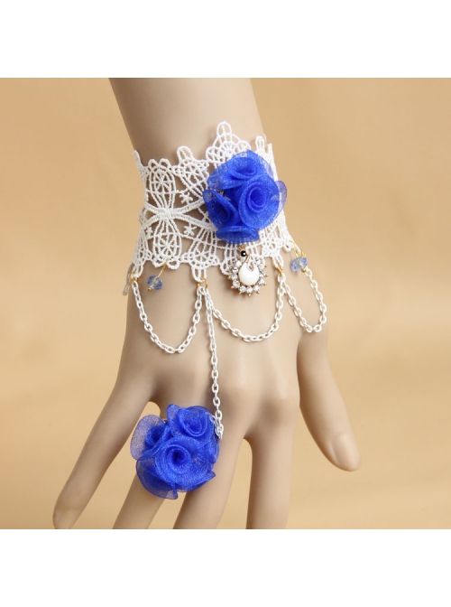 Fashion Retro Blue Rose Flower White Lace Female Handmade Bracelet With Ring