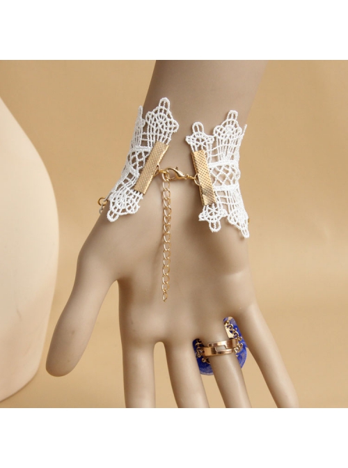 Fashion Retro Blue Rose Flower White Lace Female Handmade Bracelet With Ring