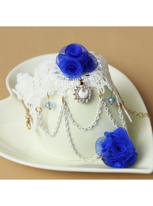 Fashion Retro Blue Rose Flower White Lace Female Handmade Bracelet With Ring