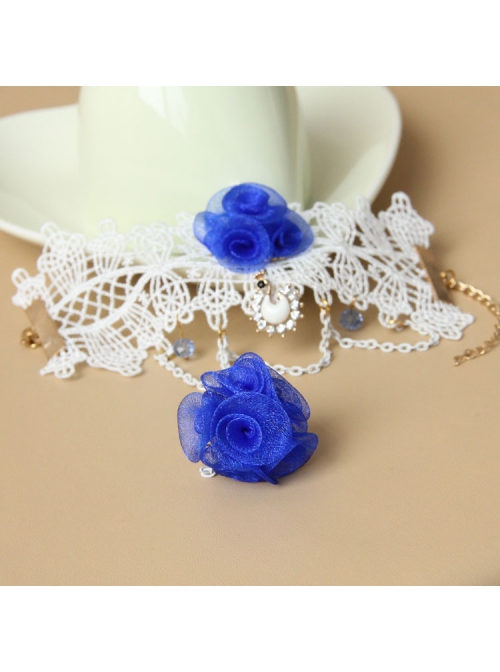 Fashion Retro Blue Rose Flower White Lace Female Handmade Bracelet With Ring