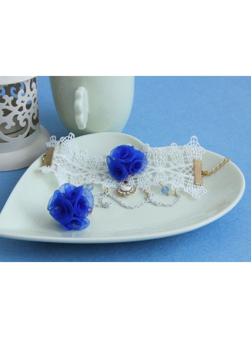 Fashion Retro Blue Rose Flower White Lace Female Handmade Bracelet With Ring