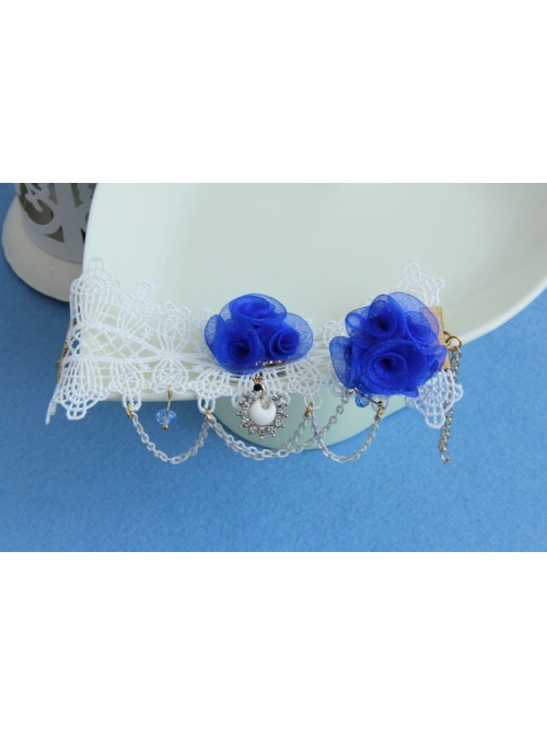 Fashion Retro Blue Rose Flower White Lace Female Handmade Bracelet With Ring
