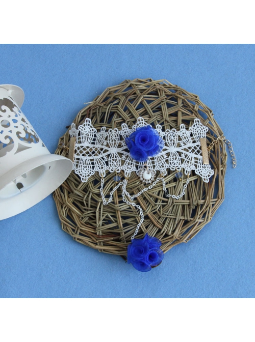 Fashion Retro Blue Rose Flower White Lace Female Handmade Bracelet With Ring