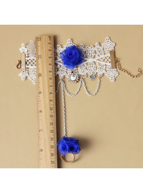 Fashion Retro Blue Rose Flower White Lace Female Handmade Bracelet With Ring