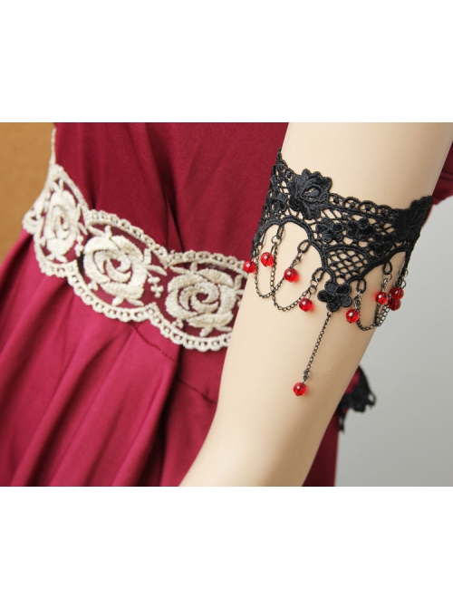 Gothic Punk Retro Fashion Lolita Black Tassel Lace Flower Ruby Armband