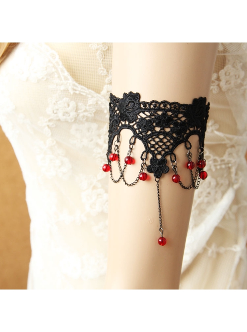 Gothic Punk Retro Fashion Lolita Black Tassel Lace Flower Ruby Armband
