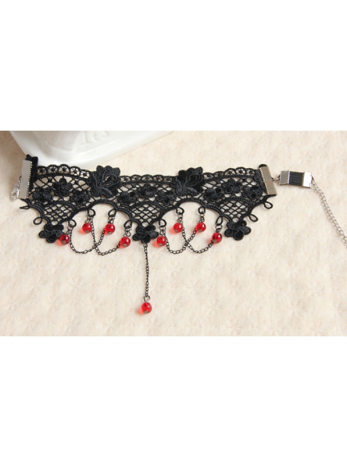Gothic Punk Retro Fashion Lolita Black Tassel Lace Flower Ruby Armband