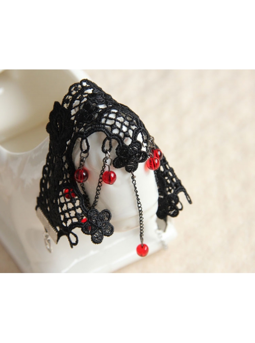 Gothic Punk Retro Fashion Lolita Black Tassel Lace Flower Ruby Armband