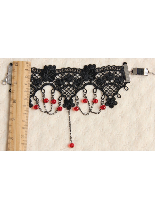 Gothic Punk Retro Fashion Lolita Black Tassel Lace Flower Ruby Armband