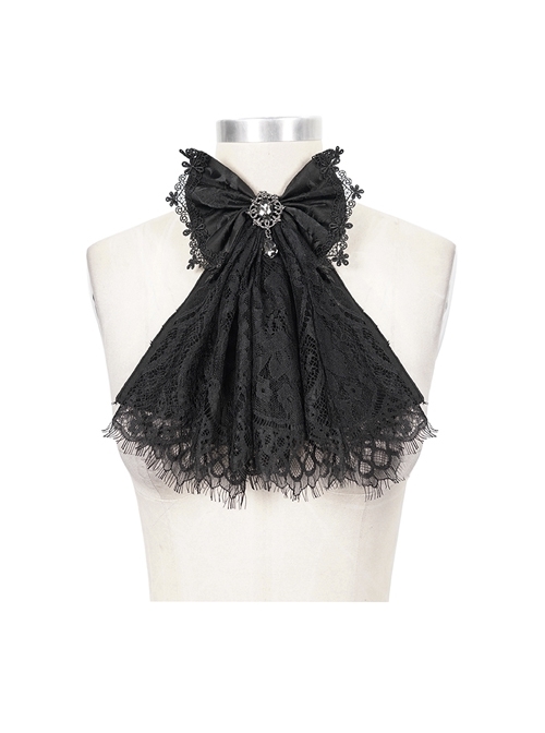 Front Diamond Pendant Bow Lace Hem Black Gothic Jacquard Lace-Up Necktie