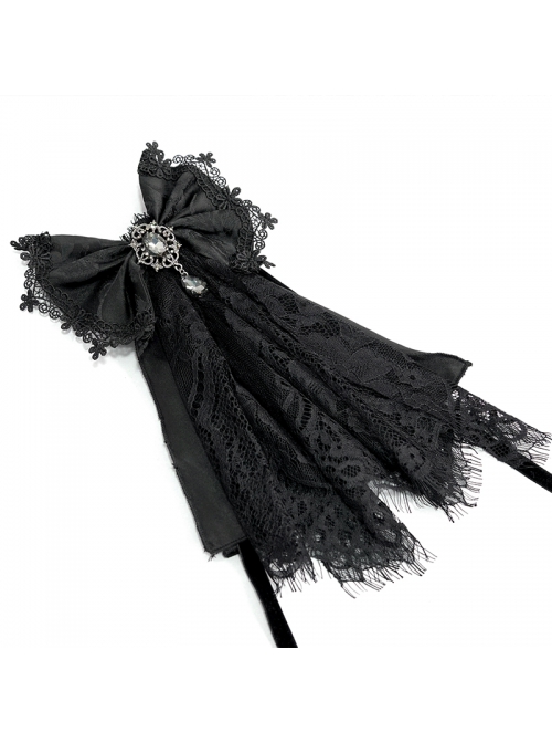 Front Diamond Pendant Bow Lace Hem Black Gothic Jacquard Lace-Up Necktie