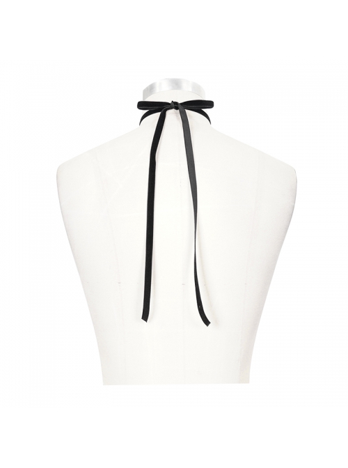 Front Diamond Pendant Bow Lace Hem Black Gothic Jacquard Lace-Up Necktie