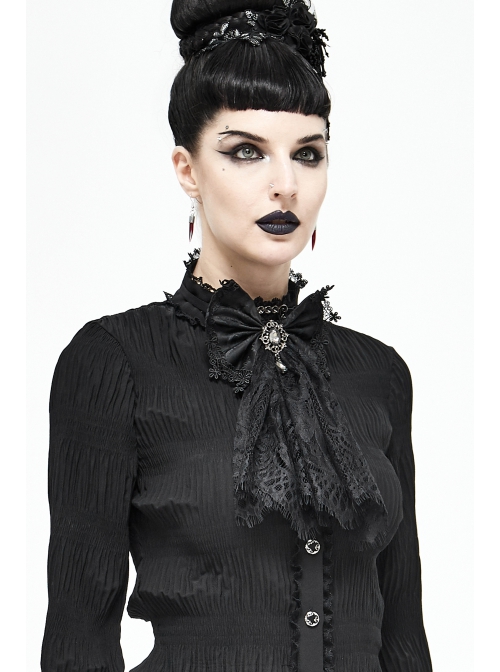 Front Diamond Pendant Bow Lace Hem Black Gothic Jacquard Lace-Up Necktie
