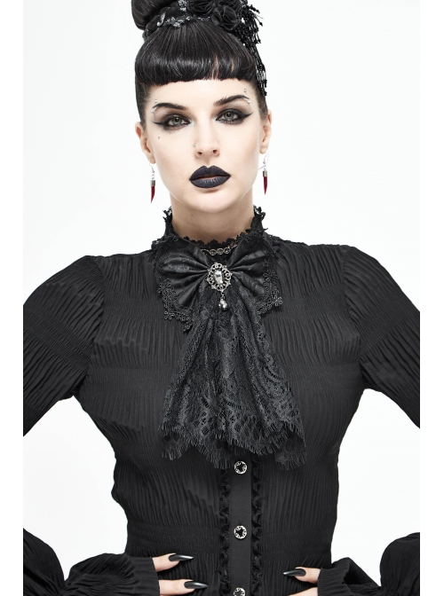 Front Diamond Pendant Bow Lace Hem Black Gothic Jacquard Lace-Up Necktie