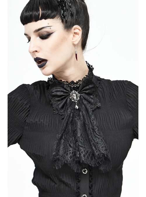 Front Diamond Pendant Bow Lace Hem Black Gothic Jacquard Lace-Up Necktie
