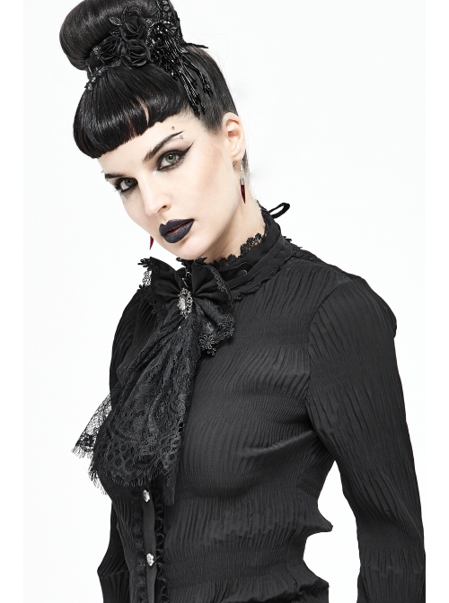 Front Diamond Pendant Bow Lace Hem Black Gothic Jacquard Lace-Up Necktie