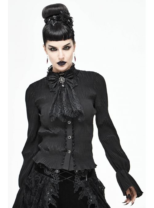 Front Diamond Pendant Bow Lace Hem Black Gothic Jacquard Lace-Up Necktie