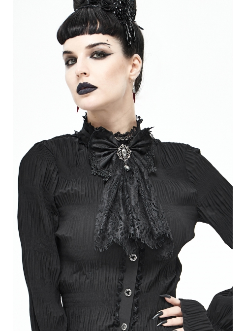 Front Diamond Pendant Bow Lace Hem Black Gothic Jacquard Lace-Up Necktie