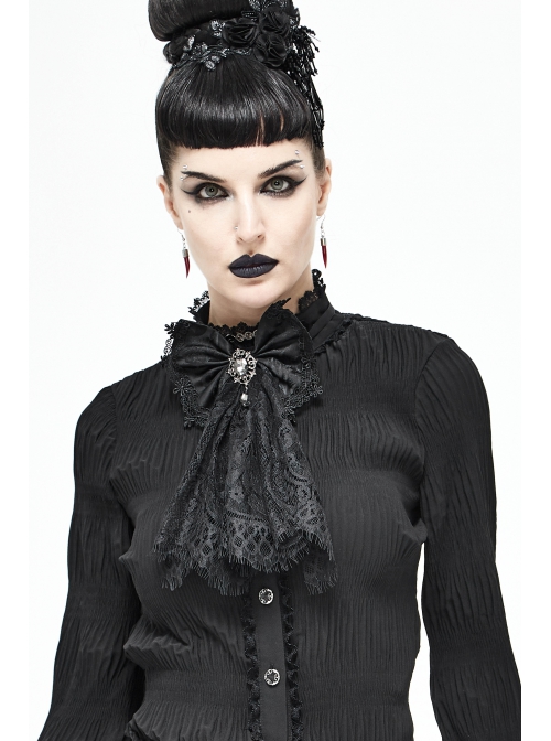 Front Diamond Pendant Bow Lace Hem Black Gothic Jacquard Lace-Up Necktie
