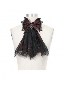 Front Diamond Pendant Bow Lace Hem Dark Red Gothic Jacquard Lace-Up Necktie