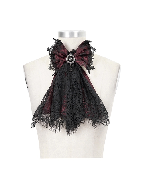 Front Diamond Pendant Bow Lace Hem Dark Red Gothic Jacquard Lace-Up Necktie