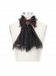 Front Diamond Pendant Bow Lace Hem Dark Red Gothic Jacquard Lace-Up Necktie