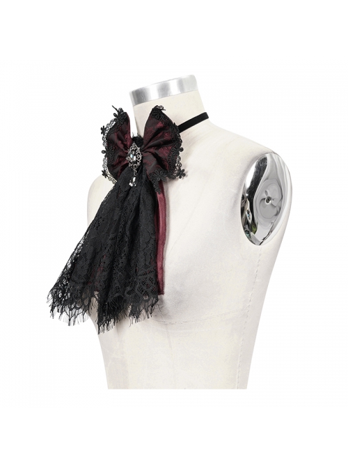 Front Diamond Pendant Bow Lace Hem Dark Red Gothic Jacquard Lace-Up Necktie