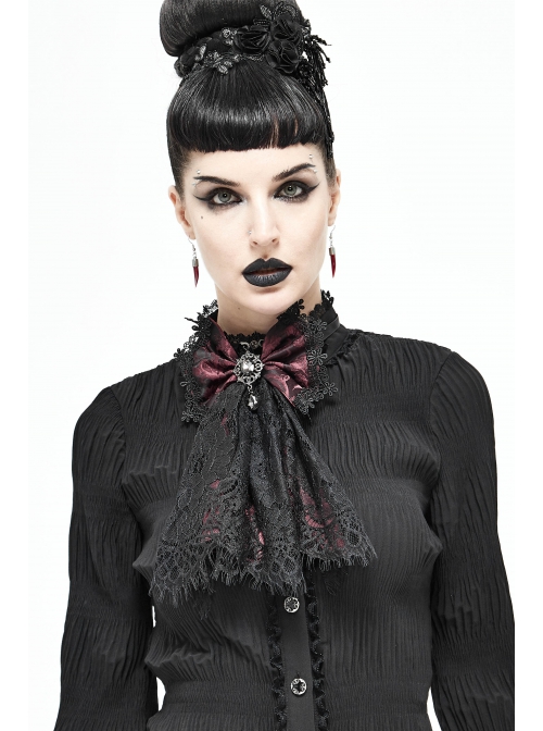 Front Diamond Pendant Bow Lace Hem Dark Red Gothic Jacquard Lace-Up Necktie