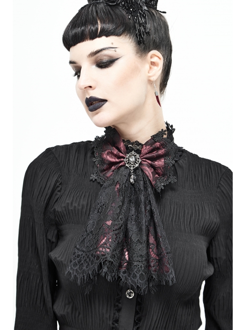 Front Diamond Pendant Bow Lace Hem Dark Red Gothic Jacquard Lace-Up Necktie