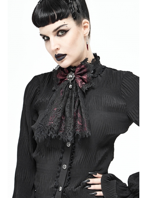 Front Diamond Pendant Bow Lace Hem Dark Red Gothic Jacquard Lace-Up Necktie