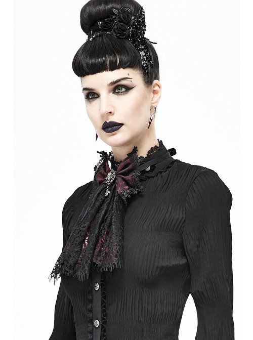 Front Diamond Pendant Bow Lace Hem Dark Red Gothic Jacquard Lace-Up Necktie