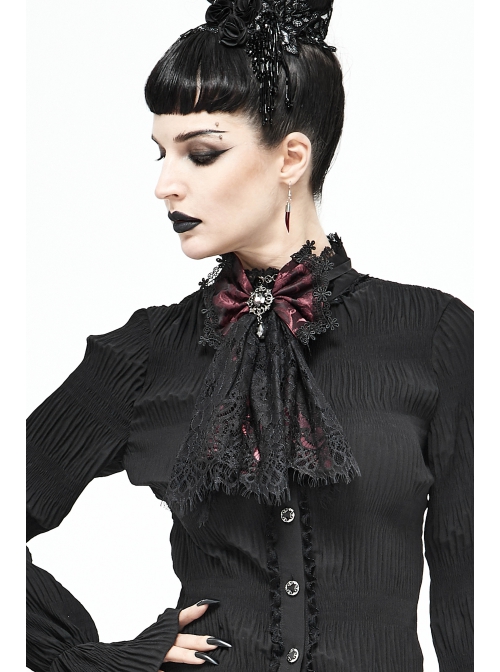 Front Diamond Pendant Bow Lace Hem Dark Red Gothic Jacquard Lace-Up Necktie