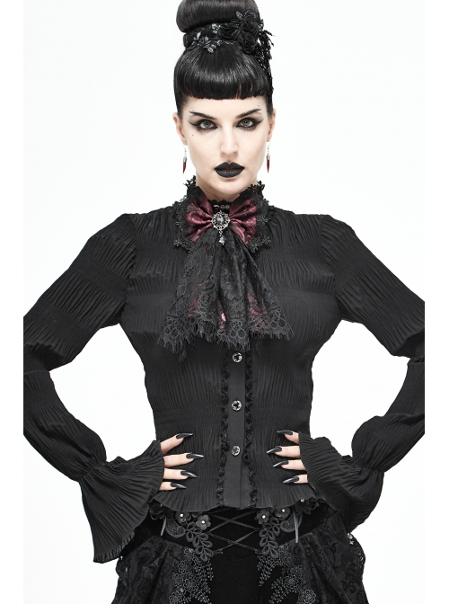Front Diamond Pendant Bow Lace Hem Dark Red Gothic Jacquard Lace-Up Necktie
