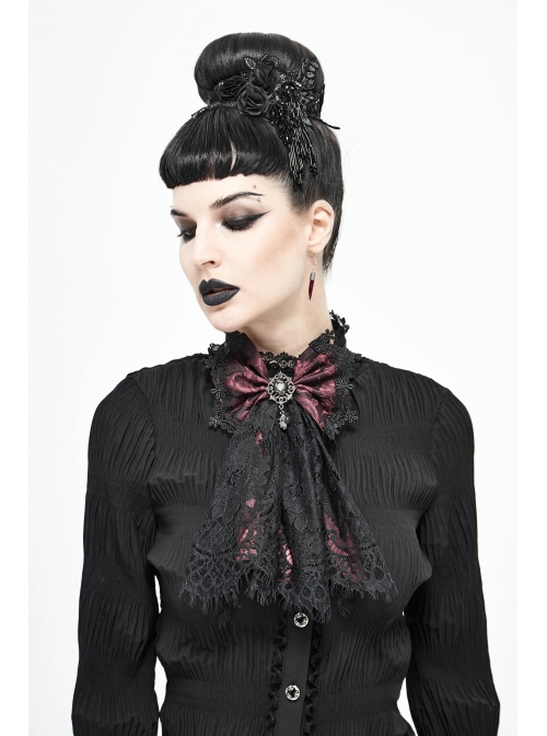 Front Diamond Pendant Bow Lace Hem Dark Red Gothic Jacquard Lace-Up Necktie