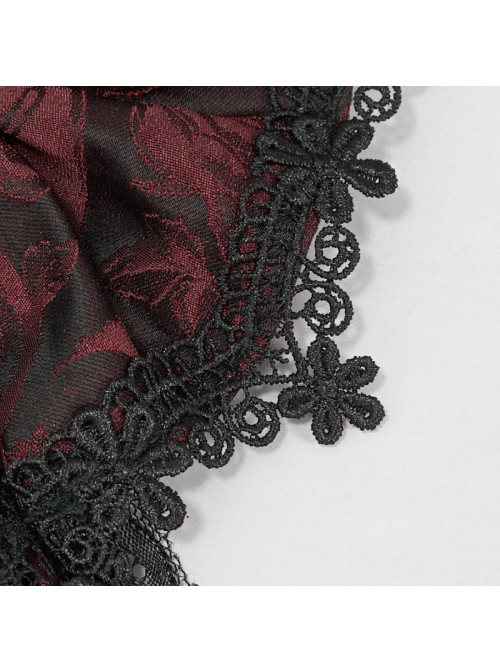Front Diamond Pendant Bow Lace Hem Dark Red Gothic Jacquard Lace-Up Necktie