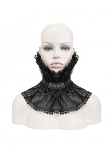 Front Metal Buckle Gem Pendant Mesh Hem Black Gothic Pleated Woven Collar