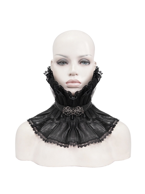 Front Metal Buckle Gem Pendant Mesh Hem Black Gothic Pleated Woven Collar