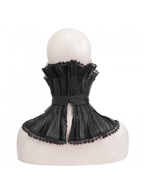 Front Metal Buckle Gem Pendant Mesh Hem Black Gothic Pleated Woven Collar