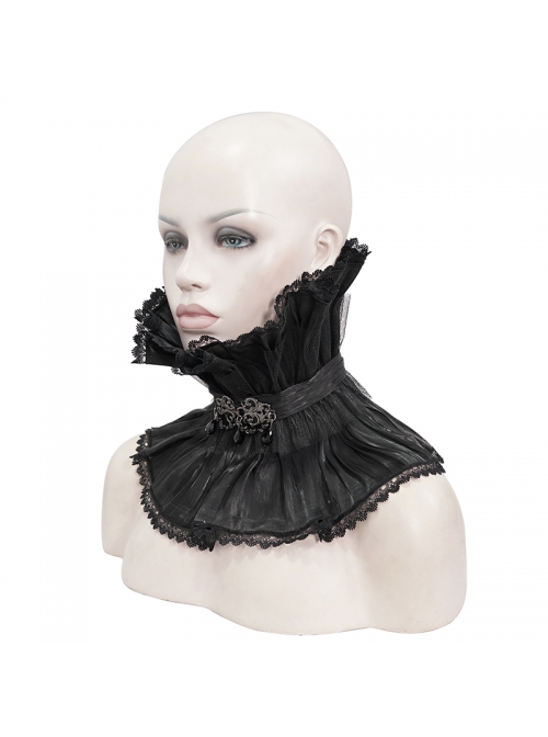 Front Metal Buckle Gem Pendant Mesh Hem Black Gothic Pleated Woven Collar