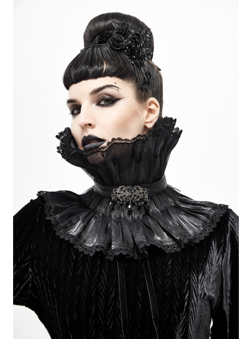 Front Metal Buckle Gem Pendant Mesh Hem Black Gothic Pleated Woven Collar