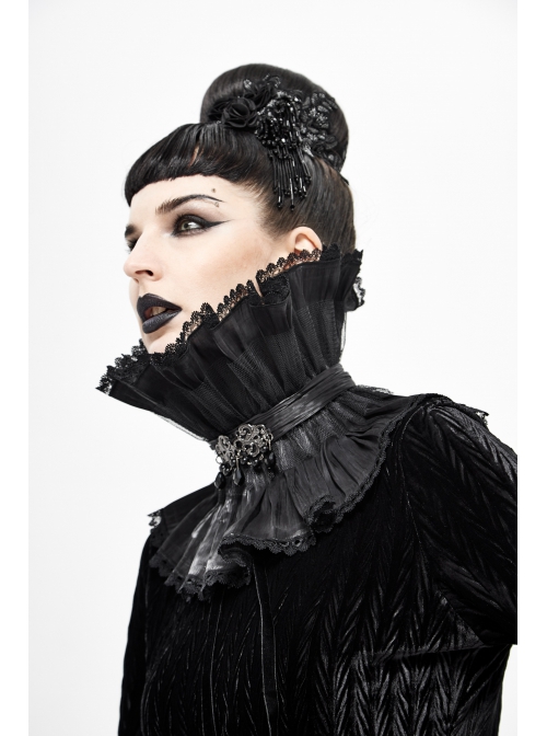 Front Metal Buckle Gem Pendant Mesh Hem Black Gothic Pleated Woven Collar