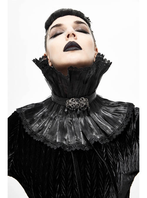 Front Metal Buckle Gem Pendant Mesh Hem Black Gothic Pleated Woven Collar
