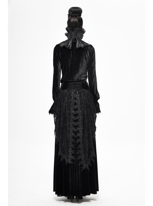 Front Metal Buckle Gem Pendant Mesh Hem Black Gothic Pleated Woven Collar