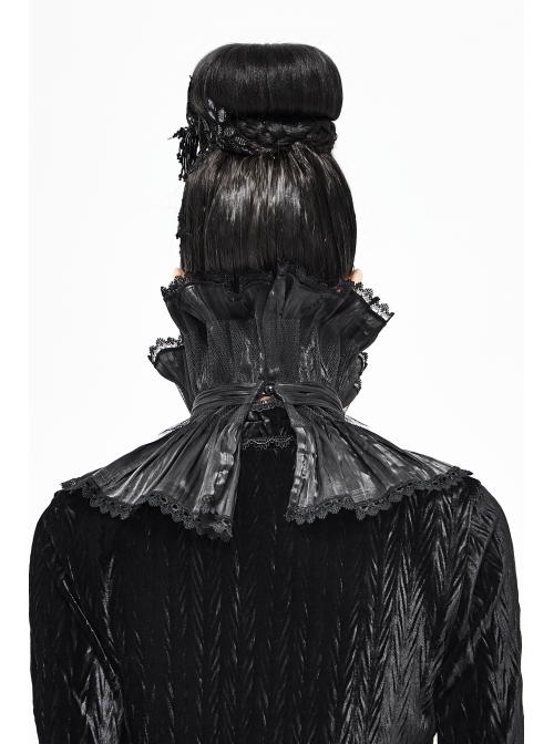 Front Metal Buckle Gem Pendant Mesh Hem Black Gothic Pleated Woven Collar