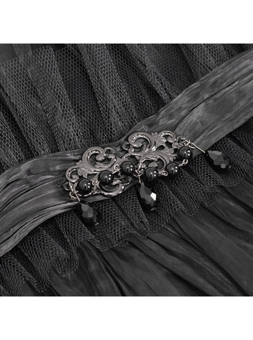 Front Metal Buckle Gem Pendant Mesh Hem Black Gothic Pleated Woven Collar