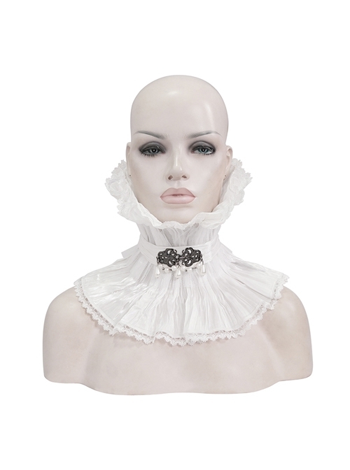 Front Metal Buckle Gem Pendant Mesh Hem White Gothic Pleated Woven Collar