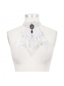 Front Gem Pendant Lace Surface White Gothic Chiffon Collar