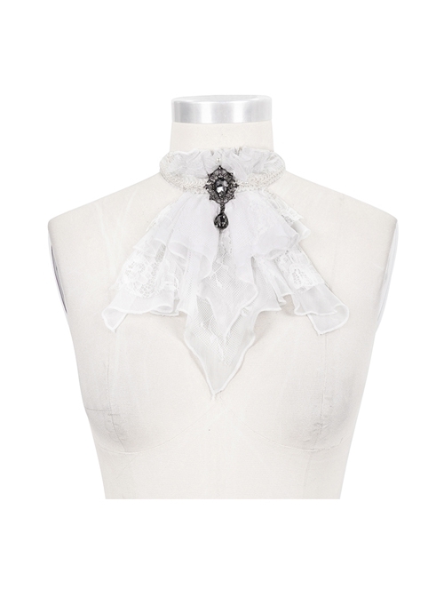 Front Gem Pendant Lace Surface White Gothic Chiffon Collar